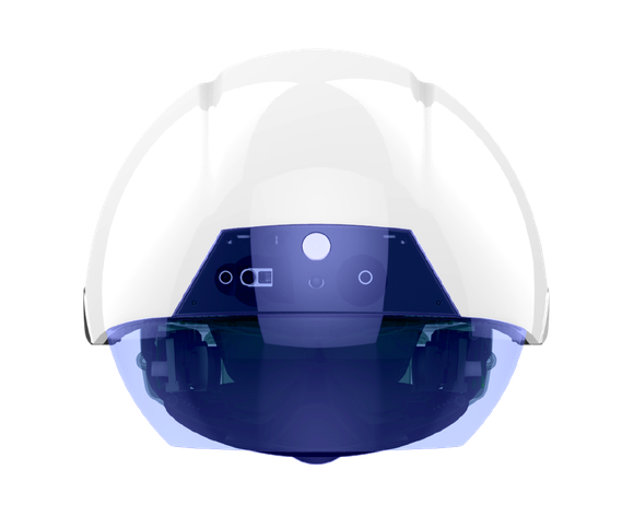 The smart helmet looks like a white hard hat with a blue visor over the front for viewing data overlaid on the real world.